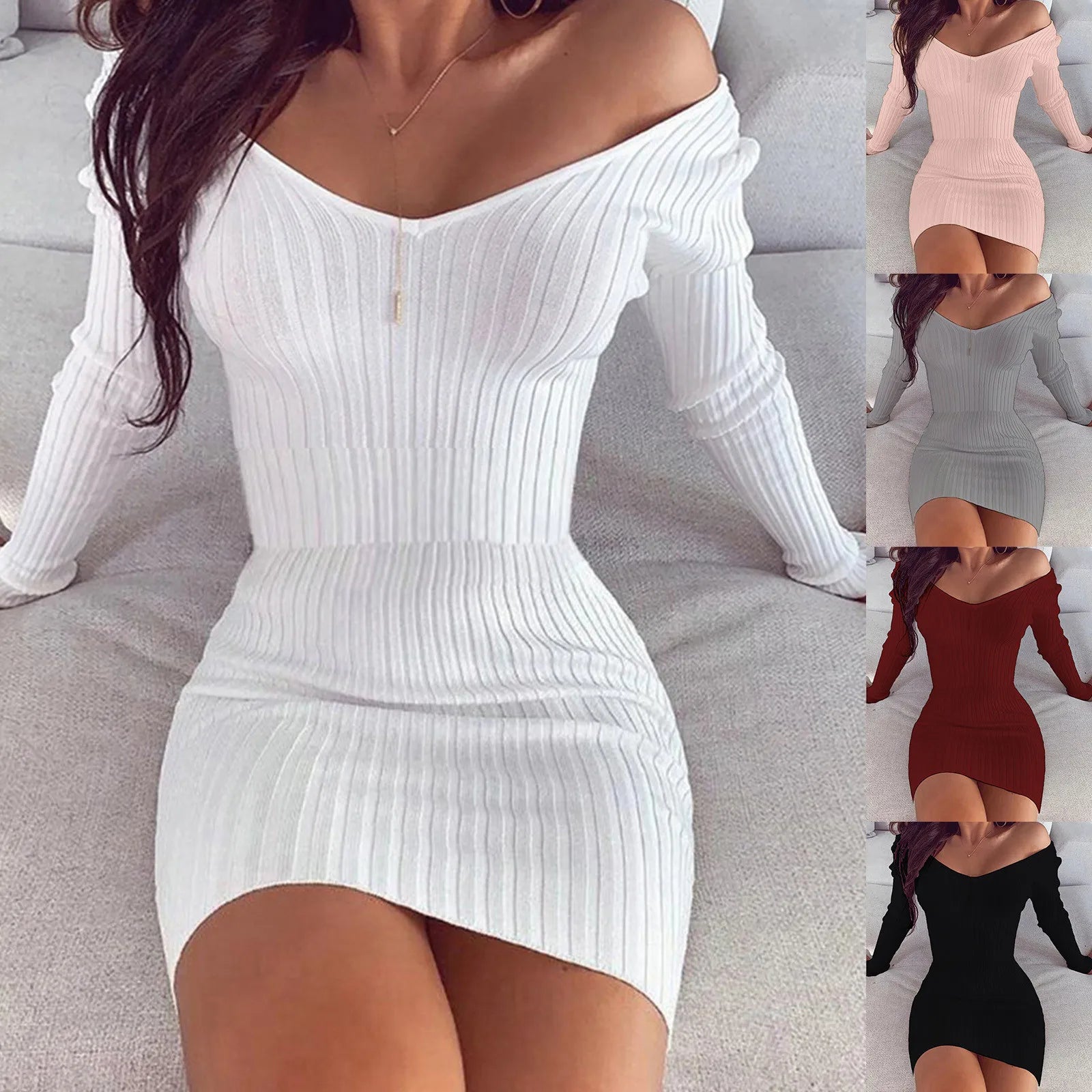 Sexy off Shoulder Long Sleeve Bodycon Dress for Women 2024 Spring Autumn White Knitted Sweater Mini Woman Dresses Robe Femme